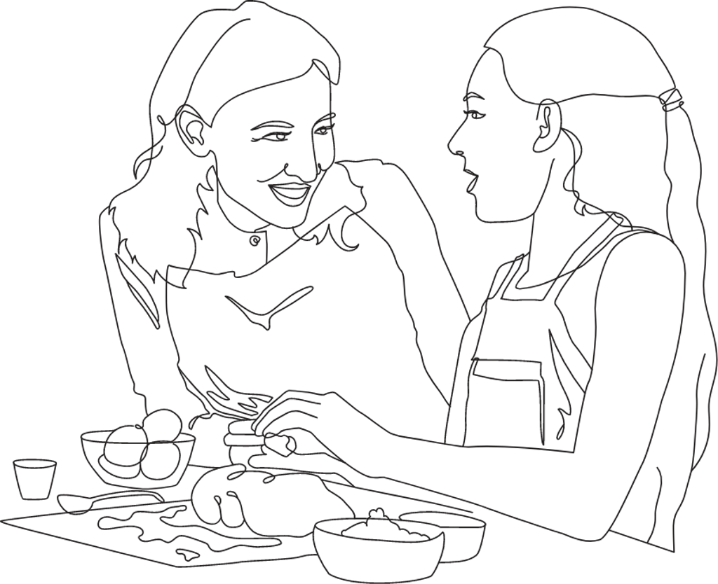 Drawing of mother and daughter baking challah