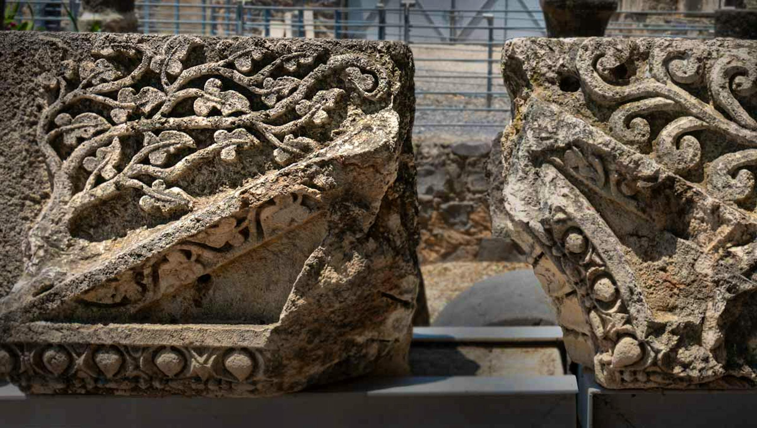 Carved architectural features from the synagogue ruins at Capernaum, Kfar Nahum in Israel.