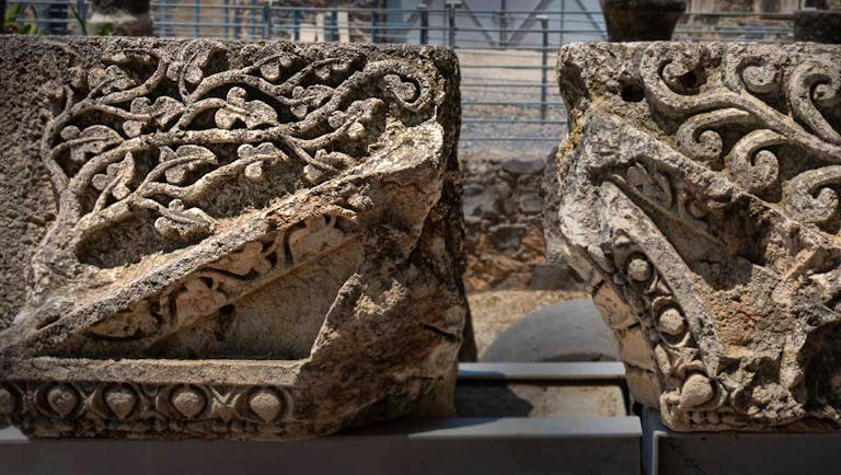 Carved architectural features from the synagogue ruins at Capernaum, Kfar Nahum in Israel.