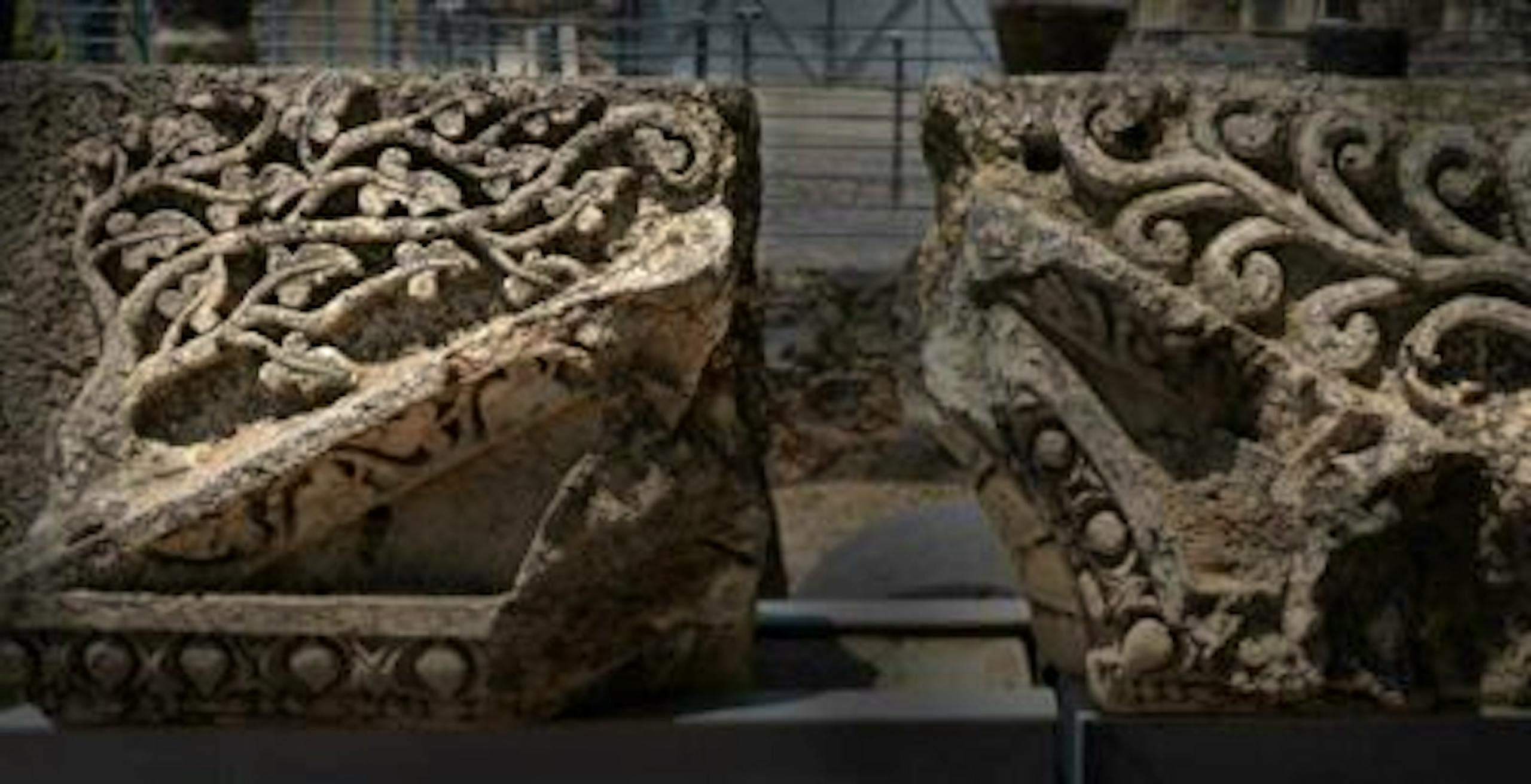 Carved architectural features from the synagogue ruins at Capernaum, Kfar Nahum in Israel.