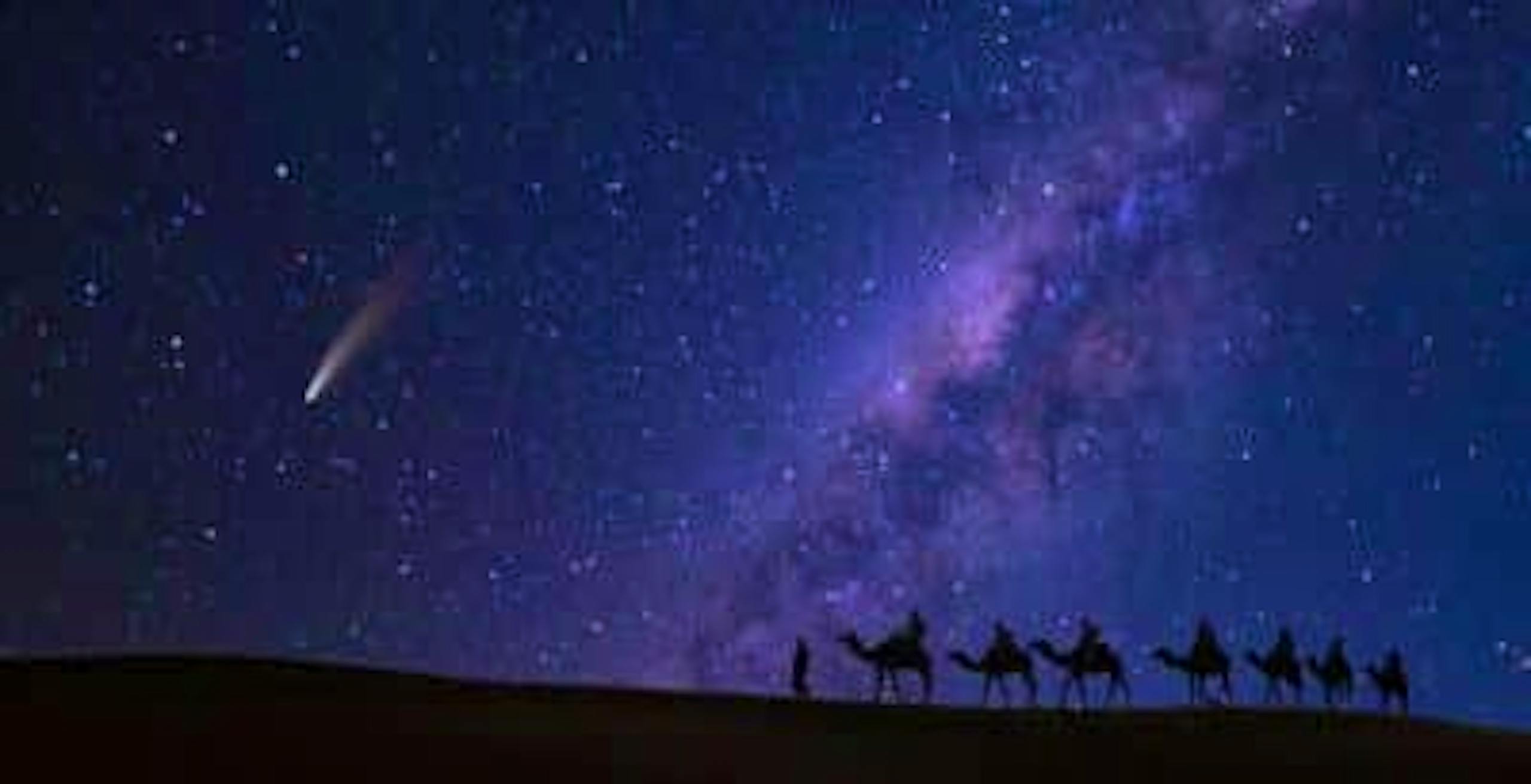 Camel procession at night with comet